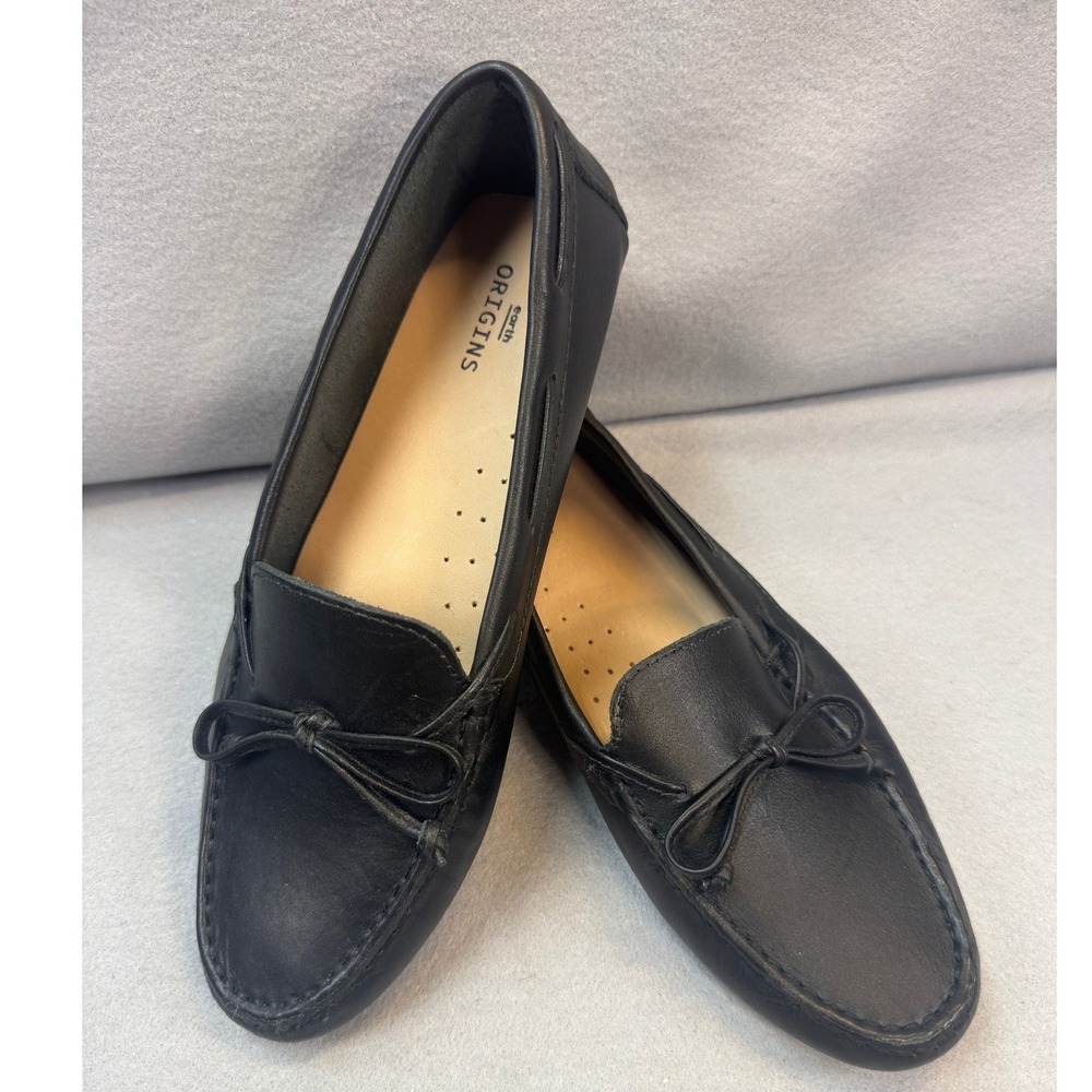 Earth Origins Monarch Loafers Women 9M Black Leather Driving Mocs Excellent Bow